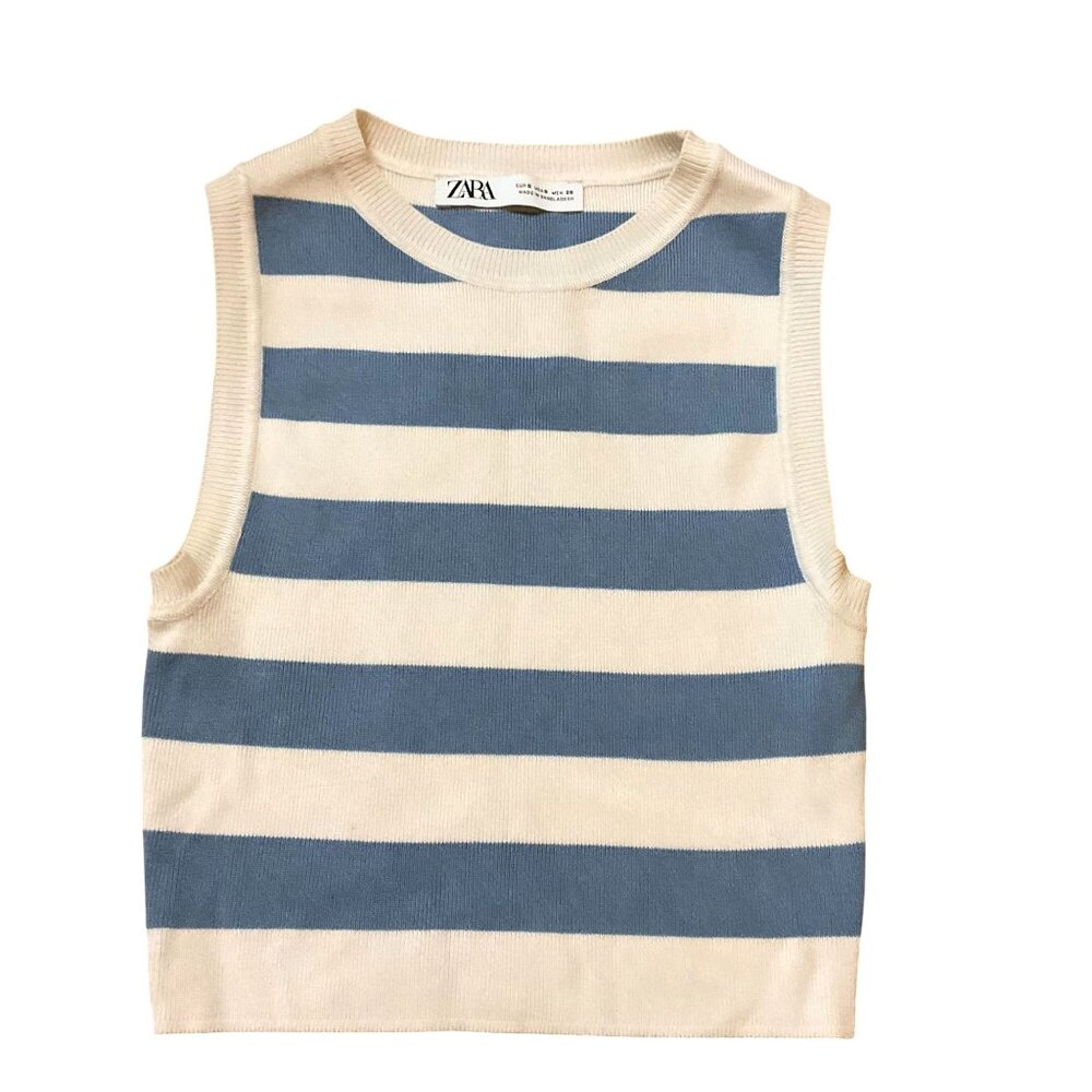 Zara Small Striped Sleeveless Knit Top In Blue & Cream Viscose Blend Preppy